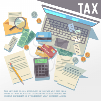 Tax calculation, financial report, accounting taxation consultation, payment of debt vector background. Tax business concept, illustration of paper tax declaration