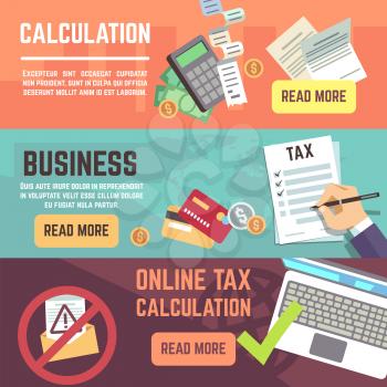 Online tax accountanting, taxation, business finance vector banners set. Tax finance declaration, illustration of tax form