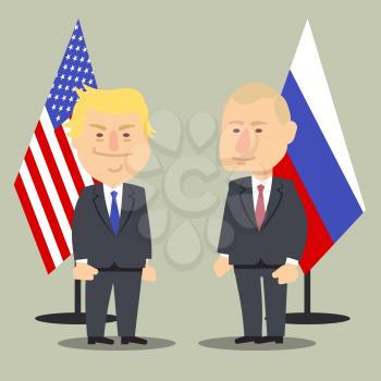 Donald Trump and Vladimir Putin standing together with Russian and USA flags. Vector illustration, cartoon political caricature. Politician putin and trump, government presidents america and russian