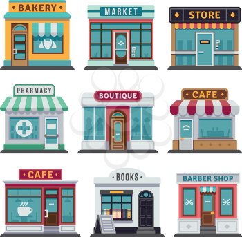 Retail business urban shop, store. Market and bakery, cafe and boutique store, vecto barber shop illustration