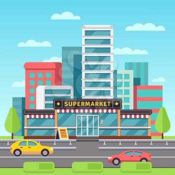 Market exterior, supermarket building, grocery store in modern cityscape with mall parking vector illustration. Supermarket in city, market store building