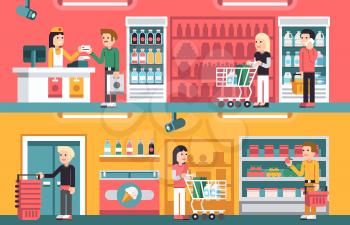 Shopping people and counter in super market interior, retail vector concepts set. Supermarket store indoor, illustration of interior supermarket with seller and cashier