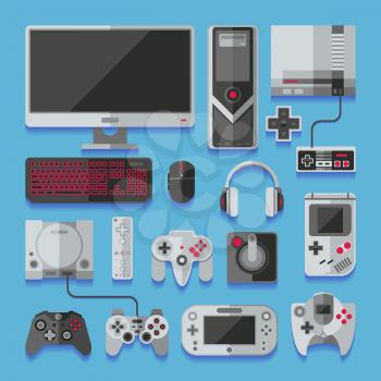 Computer, digital video online game console, game tools vector set. Equipment joystick controller for game illustration