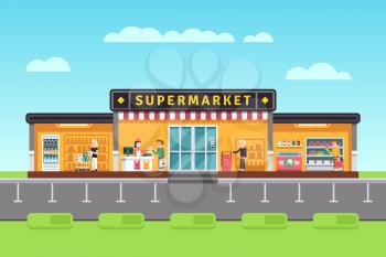 Supermarket, store, hypermarket building with shopping people and seller assistants vector illustration. Supermarket with assortment merchandise