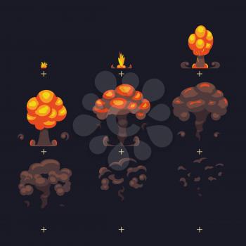 Cartoon atomic bomb explosion, ground explosion with smoke and dust comic animation effect frames. Atomic explosion and cartoon power mushroom. Vector illustration