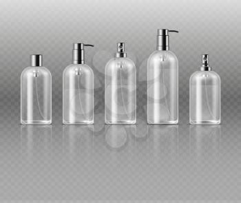 Transparent cosmetic perfume bottles with pump, cosmetic glass tube packaging vector template. Glass bottle for perfume or gel, illustration of bottle with cosmetic liquid