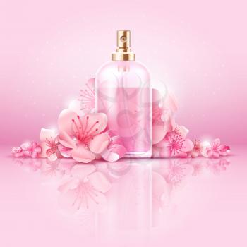 Skin care cosmetic vector concept. cosmetic with vitamin and collagen in bottle and sakura flowers. Cosmetic natural skincare, illustration of collagen cosmetic treatment