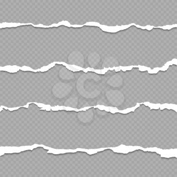 Ripped paper, torn paper sheet edges isolated on transparent background vector illustration. Shred of paper for divider, strip of paper on checkered backdrop