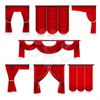 Silk red room curtains, velvet scarlet fabric curtains vector collection. Illustration of red curtains for presentation and stage of theater