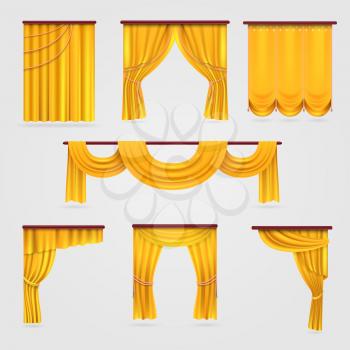 Gold velvet curtain drapery, wedding stage decoration vector stock. Curtain for theater, illustration of textile curtain isolated