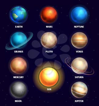 Planets of solar system and sun education vector illustration. Planets of olar system for design planetarium