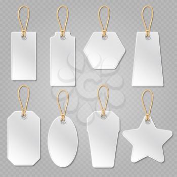 White blank price tags, labels vector template. Empty cardboard tag for promotion and discount, labels tags with string illustration