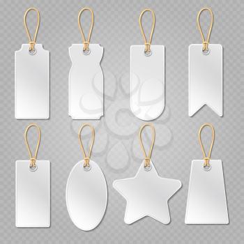 Blank baggage labels, white luggage tag, clothes price tags vector set. Tags for merchandise illustration