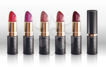 Glossy color lipstick for woman lips make up vector. Set of lipsticks with spectrum color, illustration of red lipstick