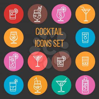 Colorful cocktail thin line vector icons set. Drink glass collection illustration