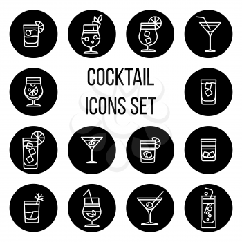 Cocktail thin line vector icons set in black and white. Champagne in glass illustration