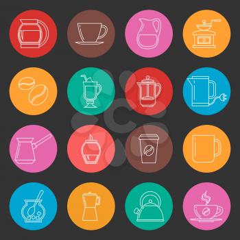 Colorful coffee thin line vector icons set. Collection of color simple icons pictogram tea and coffee illustration
