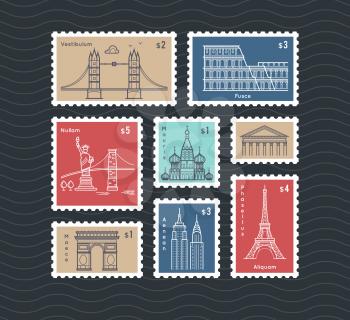 Postage stamps with line travelling city national landmarks vector set. Postmark mail rectangular, illustration of post mark with eiffel tower