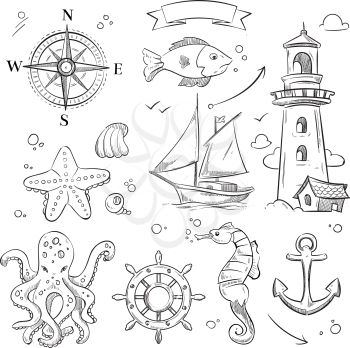 Hand drawn sea, marine objects and ocean animals vector set. Octopus sketch and illustration of sea fish and lighthouse sketch