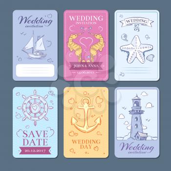 Marine, sea voyage vector wedding invitation cards set. Wedding invitation template in marine style, illustration of card invitation