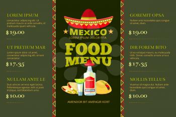 Mexican cuisine food restaurant menu vector template. Mexican restaurant menu with price, illustration of menu cartoon banner