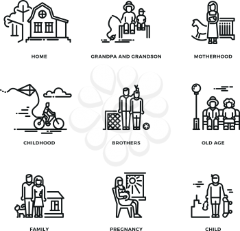Family and parents, marriage and motherhood thin line vector icons set. Love and family illustration of family values