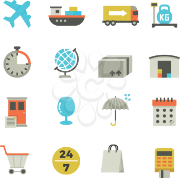 Import and export delivery logistics, aircraft shipping, loading vector flat icons. Global delivery service, illustration of collection color delivery icons