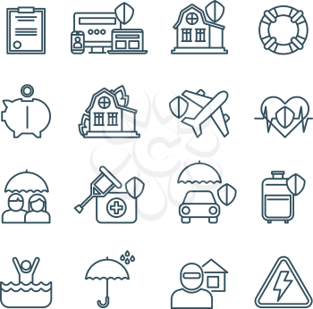 Life, house and car insurance thin line vector icons. Safety and Insurance linear signs for house and travel