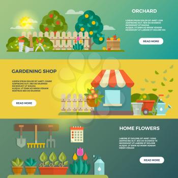 Gardening vector banners with garden tools, seeds and plants icons. Orchard and gardening shop, home flower, illustration of web banner garden
