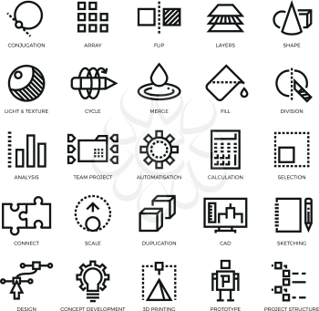 Cad designer, future innovation, database, architecture, 3d model printing vector line icons. Conjugation and array, flip and layer illustration
