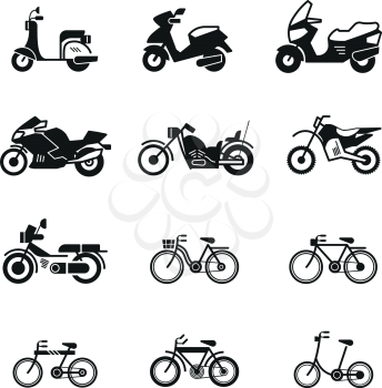 Motorcycle, motorbike, scooter, chopper and bicycle vector silhouette icons. Speed motorcycle and scooter illustration of bicycle and motorbike
