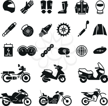 Racing motorcycle, motorbike parts and transportation vector icons. Black silhouette motorcycle, illustration of parts for motorcycle