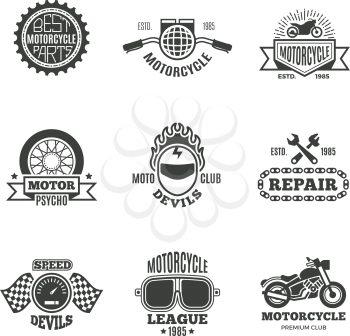 Race, motorcycle, motorbike repair vector retro labels, logo, badges and emblems. Motorbike service badge, illustration of label with motorbike
