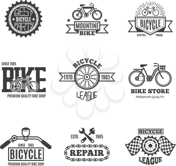 Bike shop, bicycle, biking vintage vector labels, logo, badges and emblems. Bike store and shop badge bicycle, part and repair illustration