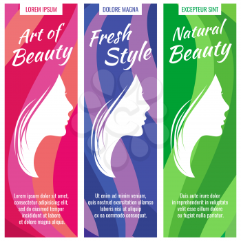 Abstract vector banners for beauty and cosmetic salon set with beautiful profile female portrait, young girl face. Fashion portrait woman silhouette, illustration of salon banner with woman face