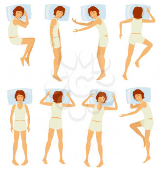 Woman sleeping postures, relaxing female sleep in different poses in bedroom - vector set. Various posture sleep in bedroom, illustration of woman sleep in bed