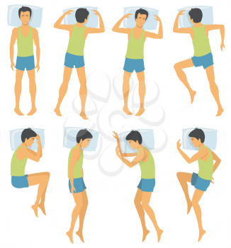 Person sleep positioning, man in different sleeping poses in bed. Vector illustration. Male position sleep and comfortable night pose for sleep