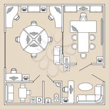 Office interior, top view architecture plan vector illustration. Office cabinet with furniture table and chair, ilustration of plan office with toilet and kitchen