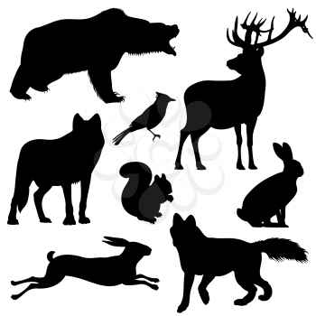 Forest animals vector silhouettes set. Predator animal mammal, illustration of black silhouette animal