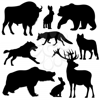 Black vector outline wild forest animals silhouettes. Collection of animals bull deer and fox, illustration of animals various
