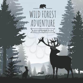 Wildlife foggy coniferous forest vector background with trees silhouettes. Wikd forest with animal and terr illustration