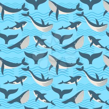Vector seamless pattern with whale in ocean waves. Seamless background with wild whale, illustration of giant killer whale