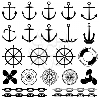 Anchors, rudders, chain, rope, knot vector icons. Nautical elements for marine design. Set of marine element, illustration of black marine equipment