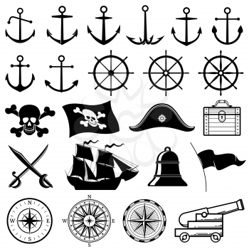 Vintage nautical or marine, pirate vector icons. Marine compass and nautical elements silhouettes