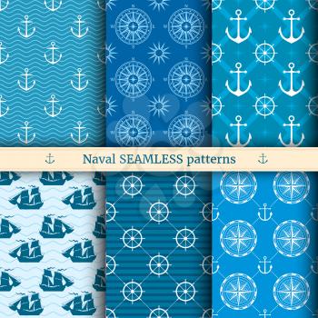 Marine, nautical, sea vector seamless patterns set. Nautical background collection, illustration of ocean marine background