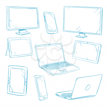 Doodle digital devices, tablet, pc, laptop, cell phone line vector icons. Tablet and laptop, gadget device smartphone, illustration of smart gadget