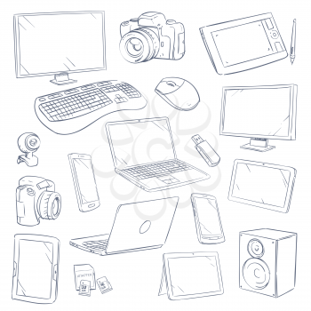 Hand drawn, sketch computer technology gadgets vector set. Computer electronic device, illustration of computer monitor and tablet touchscreen