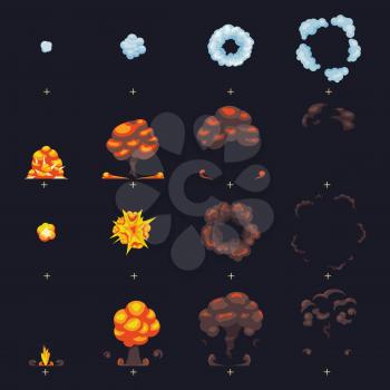 Comic boom blast explosion with flame and smoke fx animation frames sprites vector collection. Boom fire with smoke, illustration of boom burst