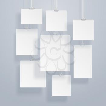 Blank white image and photo frames on wall vector illustration. Empty white board for picture, blank white photo frame