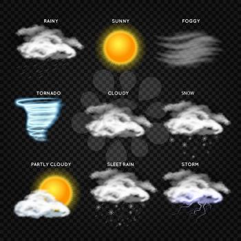 Realistic weather vector icons isolated on transparent background. Forecast weather, illustration of symbol to forecast app